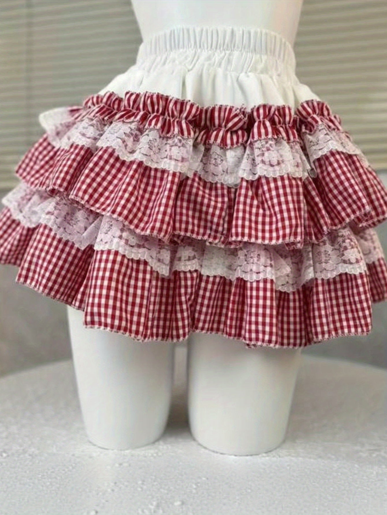 Plaid Print Lace Trim Elastic Waist Mini Skirt