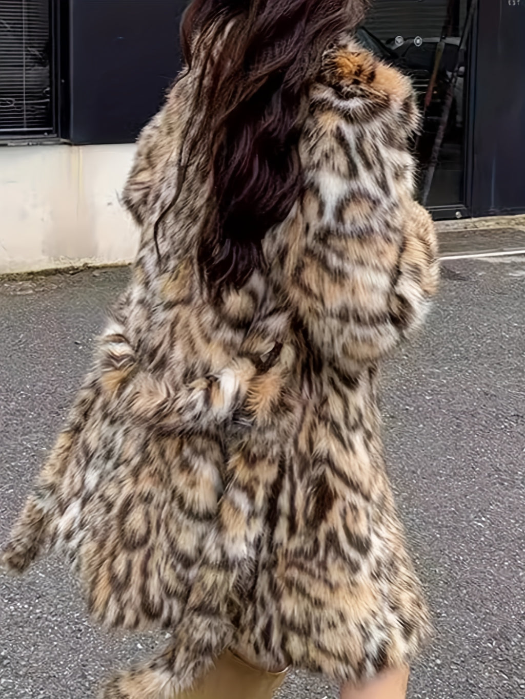 's Winter Warm Faux Fur Jacket - Elegant Collar Mid-Length Coat with White-Tipped Black Fur Trim, Machine Washable & Dry Cleanable, Casual Outerwear for Cold Weather (Leopard-like Appearance Without Pattern) - Coat for All