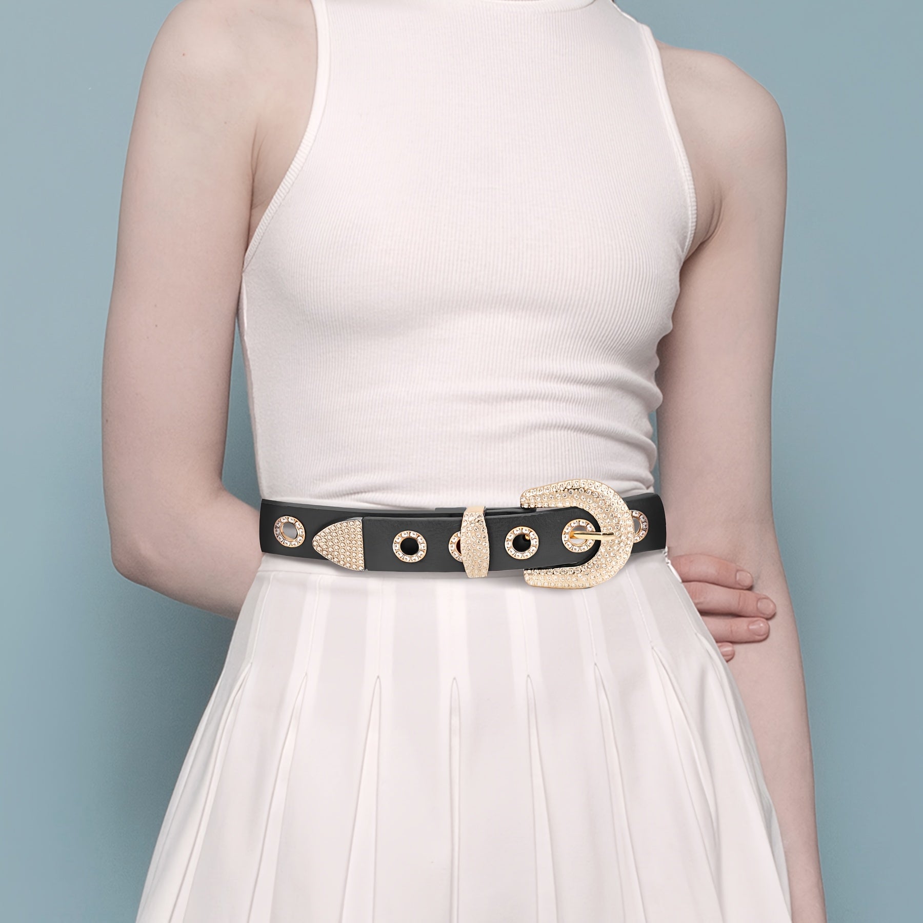 Faux Leather Belt with Studded Rhinestone Grommets