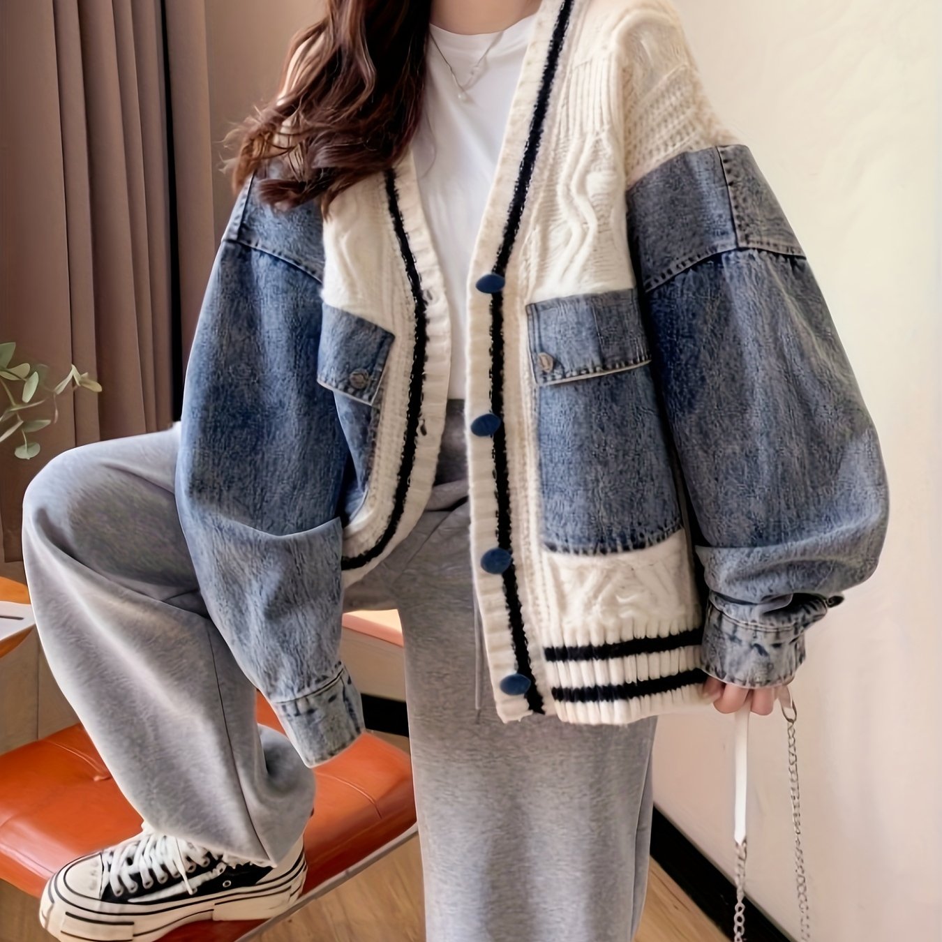 Oversized Light Gray & Blue Contrast Batwing Cardigan
