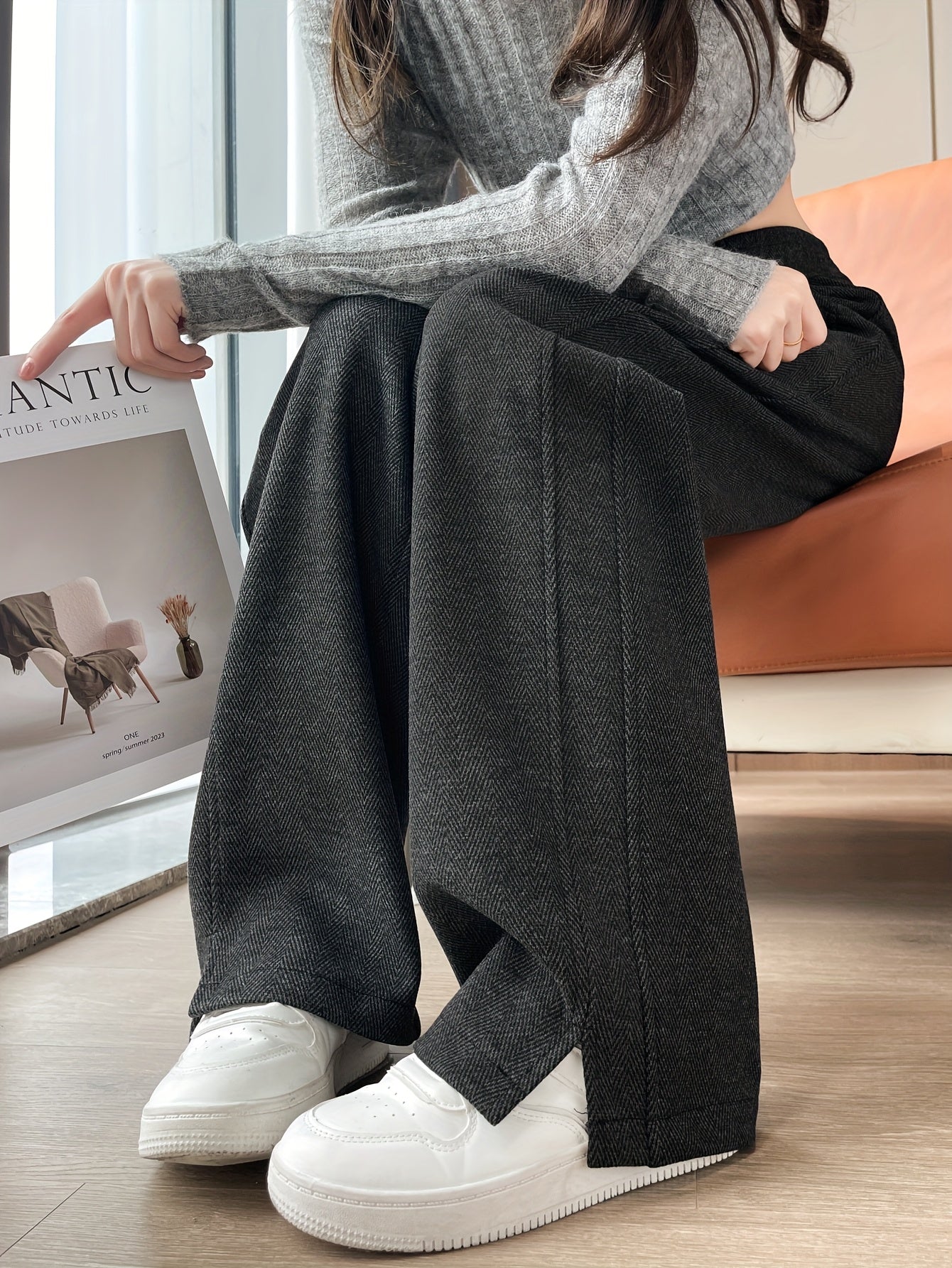 Women'S Wide-Leg Pants - Elegant Houndstooth Pattern, Elastic Waistband & Split Hem, Long Trousers for Fall/Winter, Office, Party, Everyday Outfits - Non-see-through Formal & Casual Pants, Party Attire, Geometric Pattern, Sty