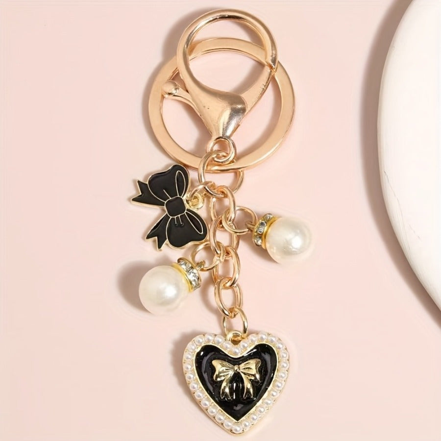Butterfly Keychain with, Faux Pearls & Crystal Heart Charm