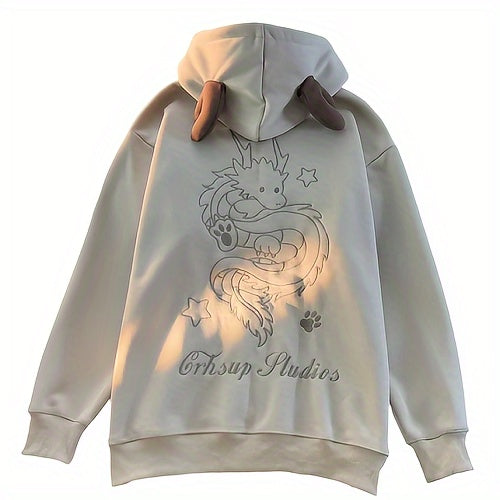 Women's Thick Fleece-Lined Hooded Sweatshirt with Intricate Dragon & Star Embroidery - Cozy Winter Pullover, Machine Washable Casual Outerwear, Cute Sweatshirts, Autumn Wardrobe, Trendy Hooded Top, Soft Fabric Construction