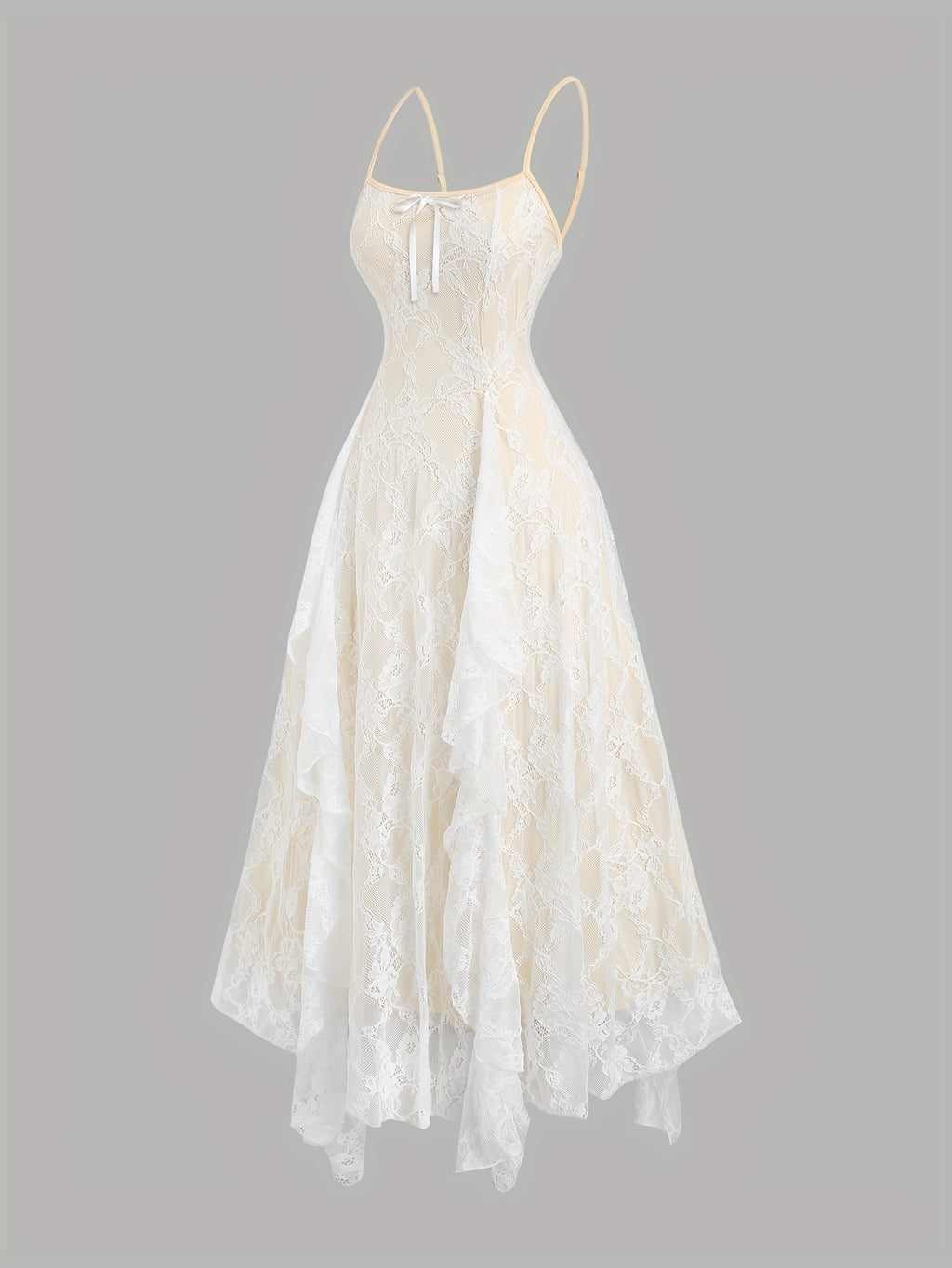 Elegant Off-Shoulder Lace Dress with Ruffle Detail and Bow Accent