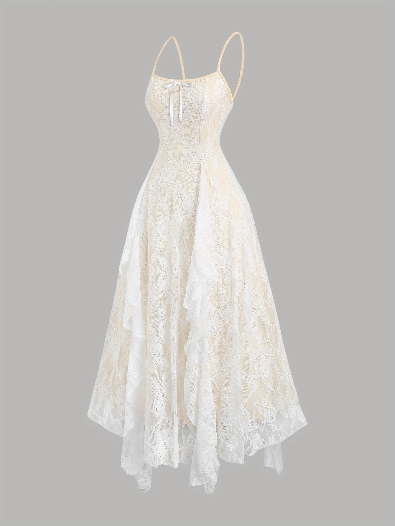 Elegant Off-Shoulder Lace Dress with Ruffle Detail and Bow Accent