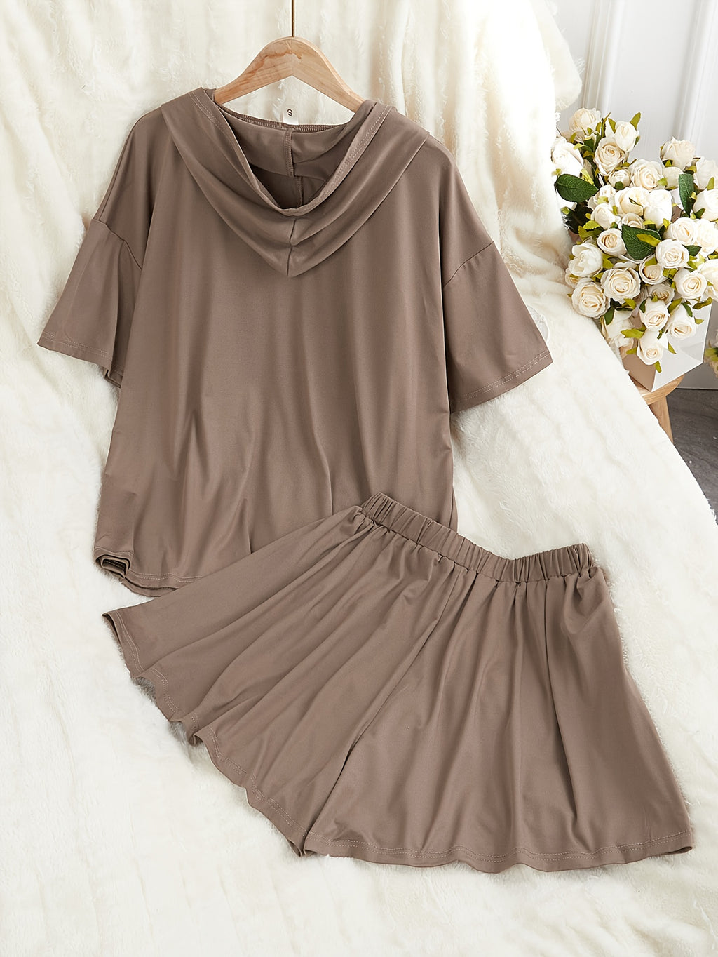 Casual Solid Color Hoodie Sweatshirt and Drawstring Shorts Set