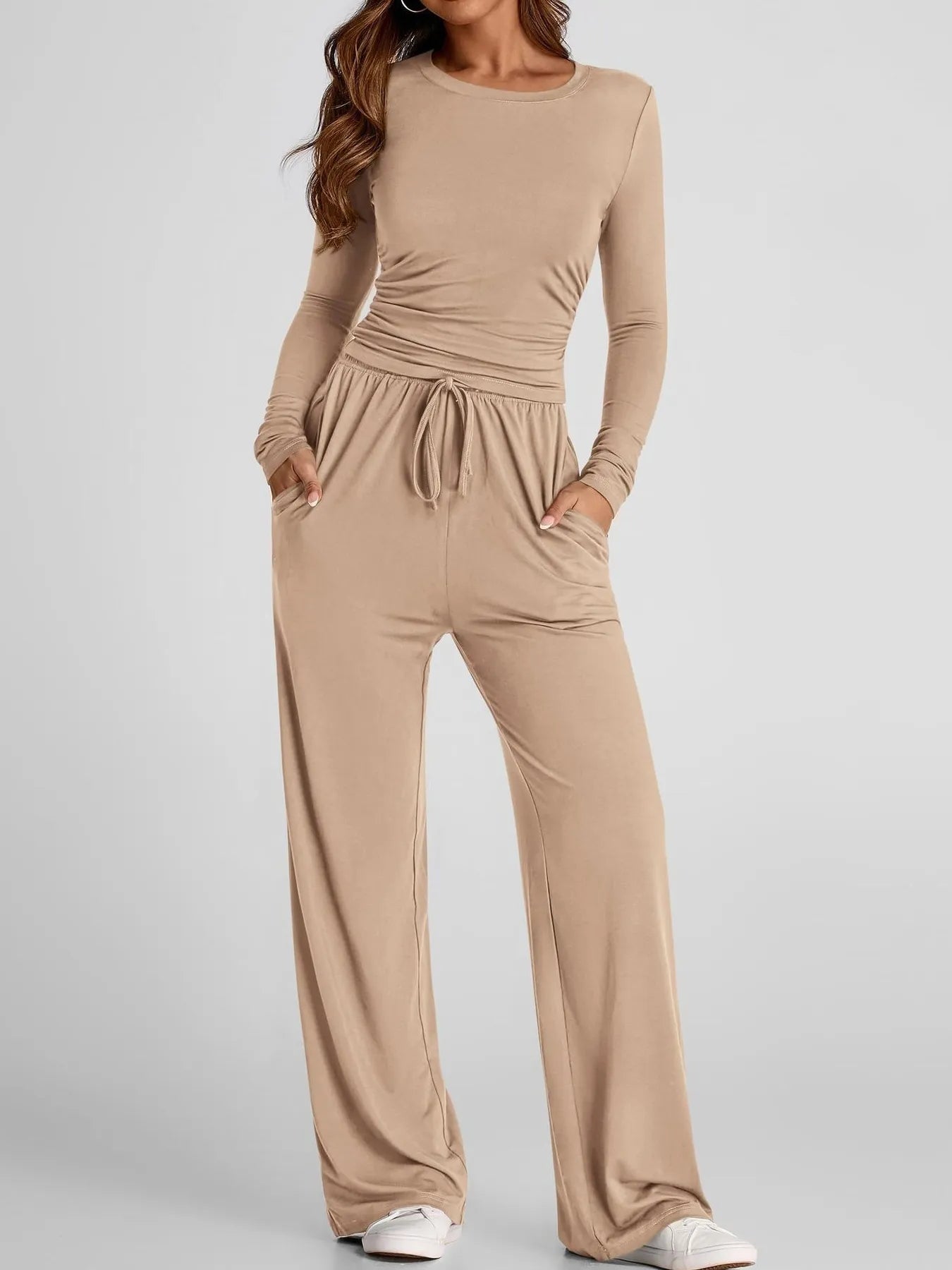 Round Neck Long Sleeve Top and Pants Set