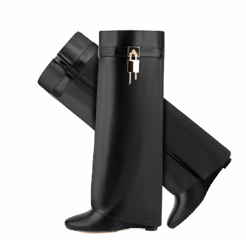 Chunky Block Heel Knee-High Boots with Full-Zipper Closure