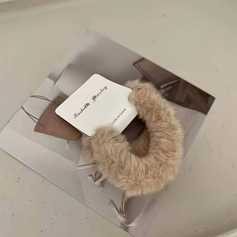 A Set of 6 Plush Hair Ties in a Milk Tea Color Scheme