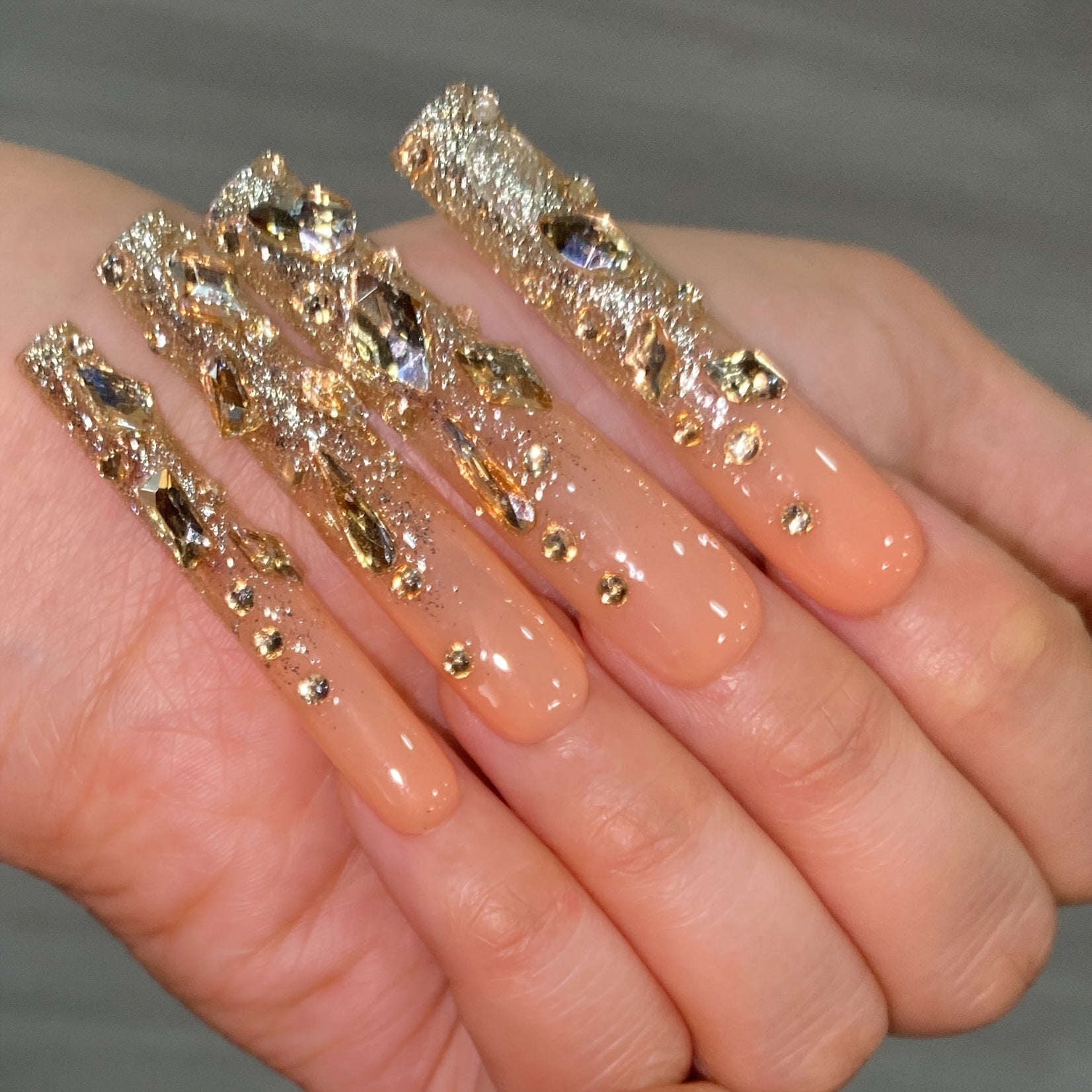 {10pcs} Champagne Golden Full-Coverage Rhinestone Extra-Long Press-On Nails