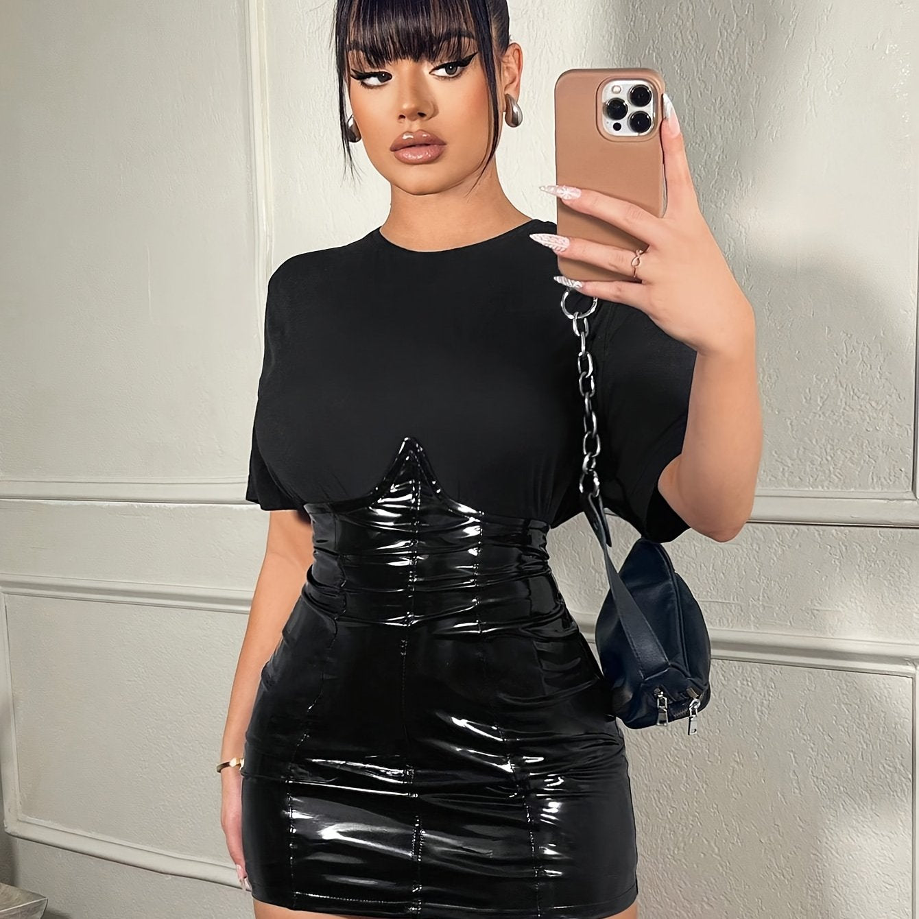 Glossy Black PU Leather Bodycon Mini Skirt
