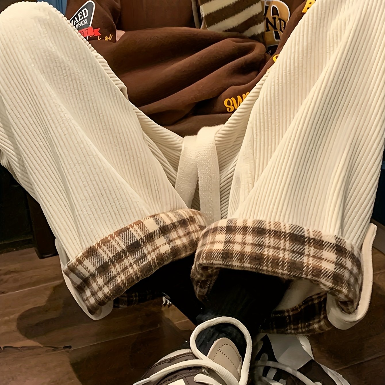 Women's Spring and Autumn Plaid Flared Pants Korean Style Loose Straight Leg Trousers