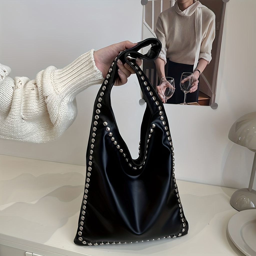 Women's Retro Punk Gothic Handbag - Edgy Shoulder Tote with Zipper Closure, White/Black Handheld Bag, Punk Style Purse for Casual & Formal Outfits, Durable Everyday Shoulder Bag