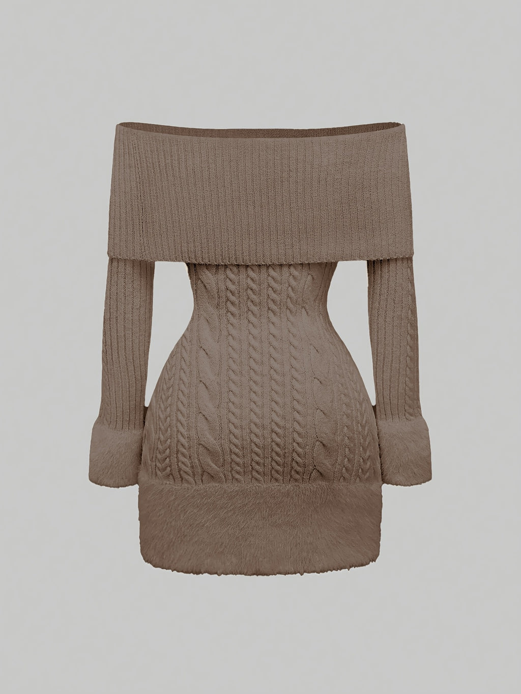 Women's Elegant Off-Shoulder Plush Ball Pendant Sweater Dress - Mid-Length Ribbed Party Dress with Adjustable Lace-Up Back, Fluffy Cuffs & Pompom Details for New Year, Valentine's Day, Special Occasions (Machine Washable), Dr