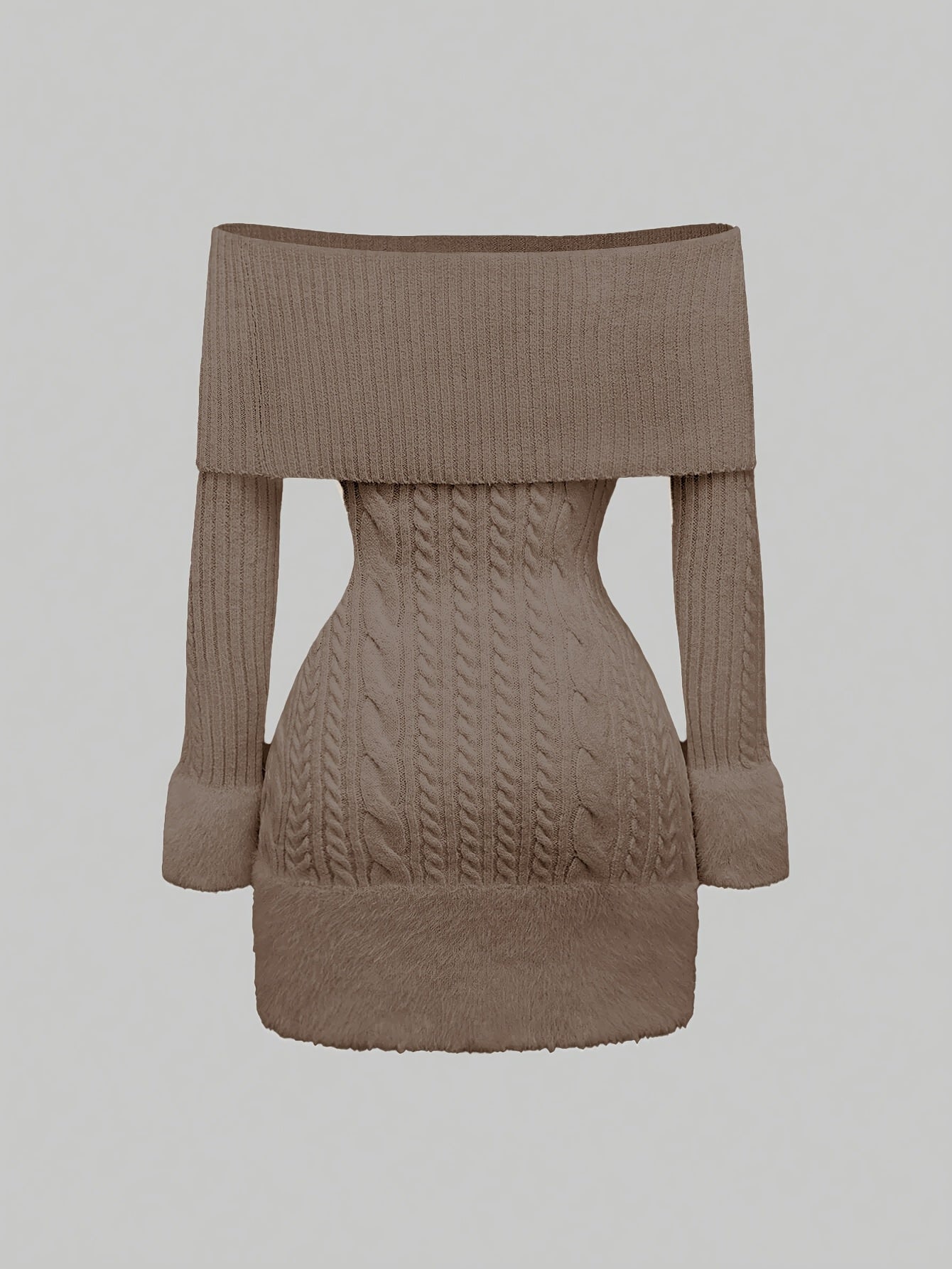 Women's Elegant Off-Shoulder Plush Ball Pendant Sweater Dress - Mid-Length Ribbed Party Dress with Adjustable Lace-Up Back, Fluffy Cuffs & Pompom Details for New Year, Valentine's Day, Special Occasions (Machine Washable), Dr