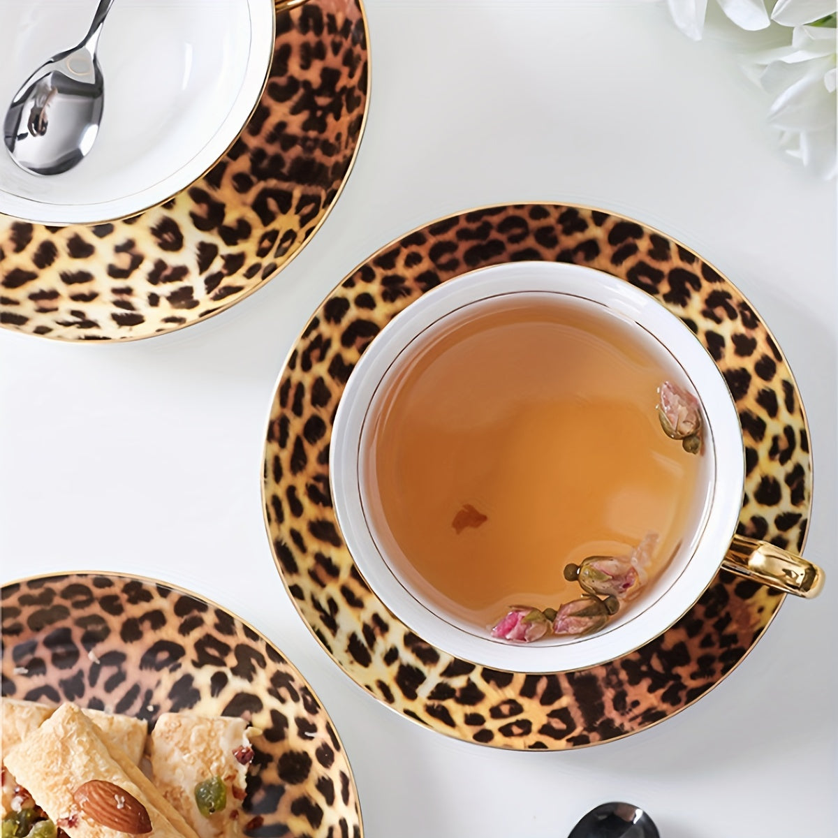 Leopard Print Ceramic Tea Cup、Spoon And Saucer Set