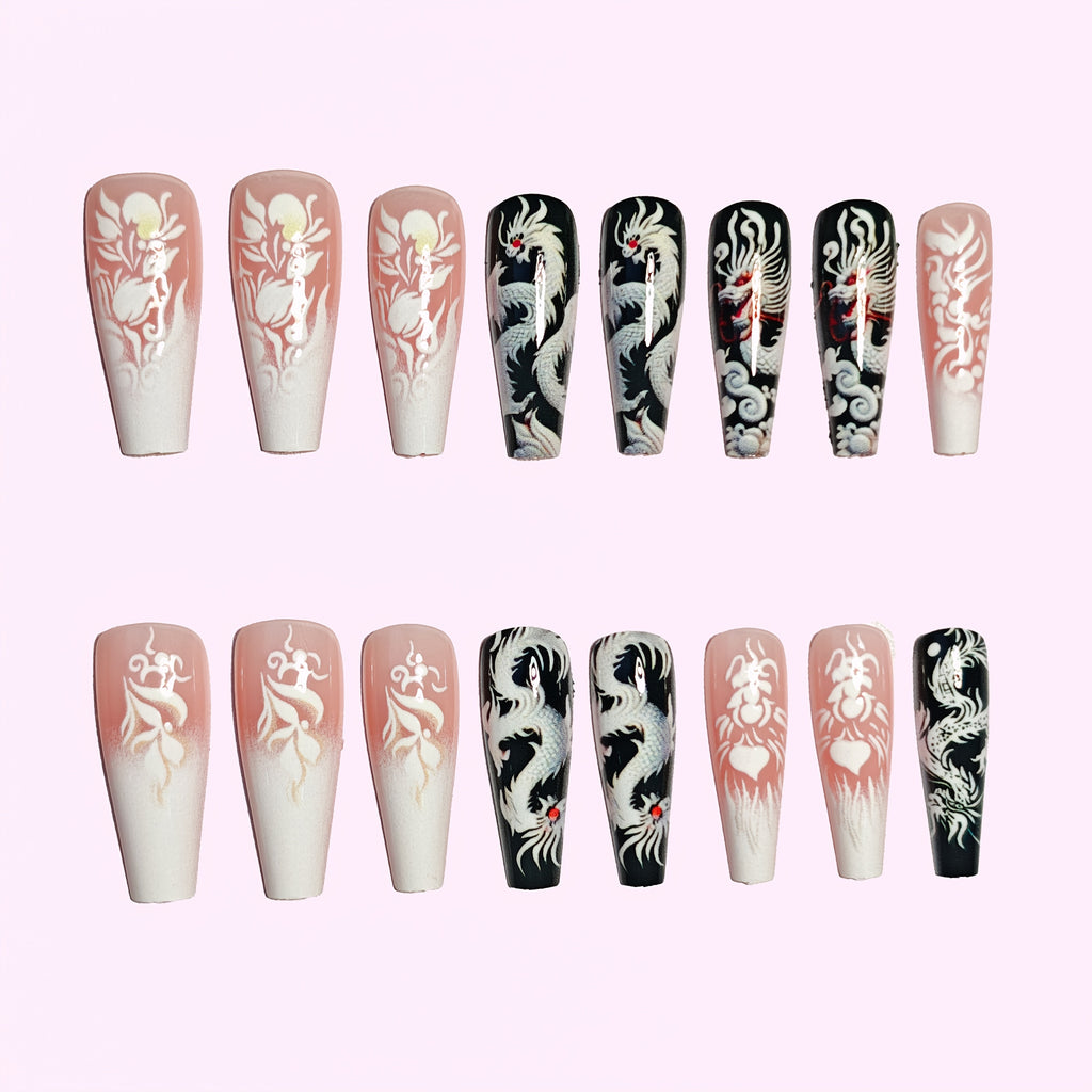 {24pcs} Long Glossy White & Black Ballet-Style Nail Art Set