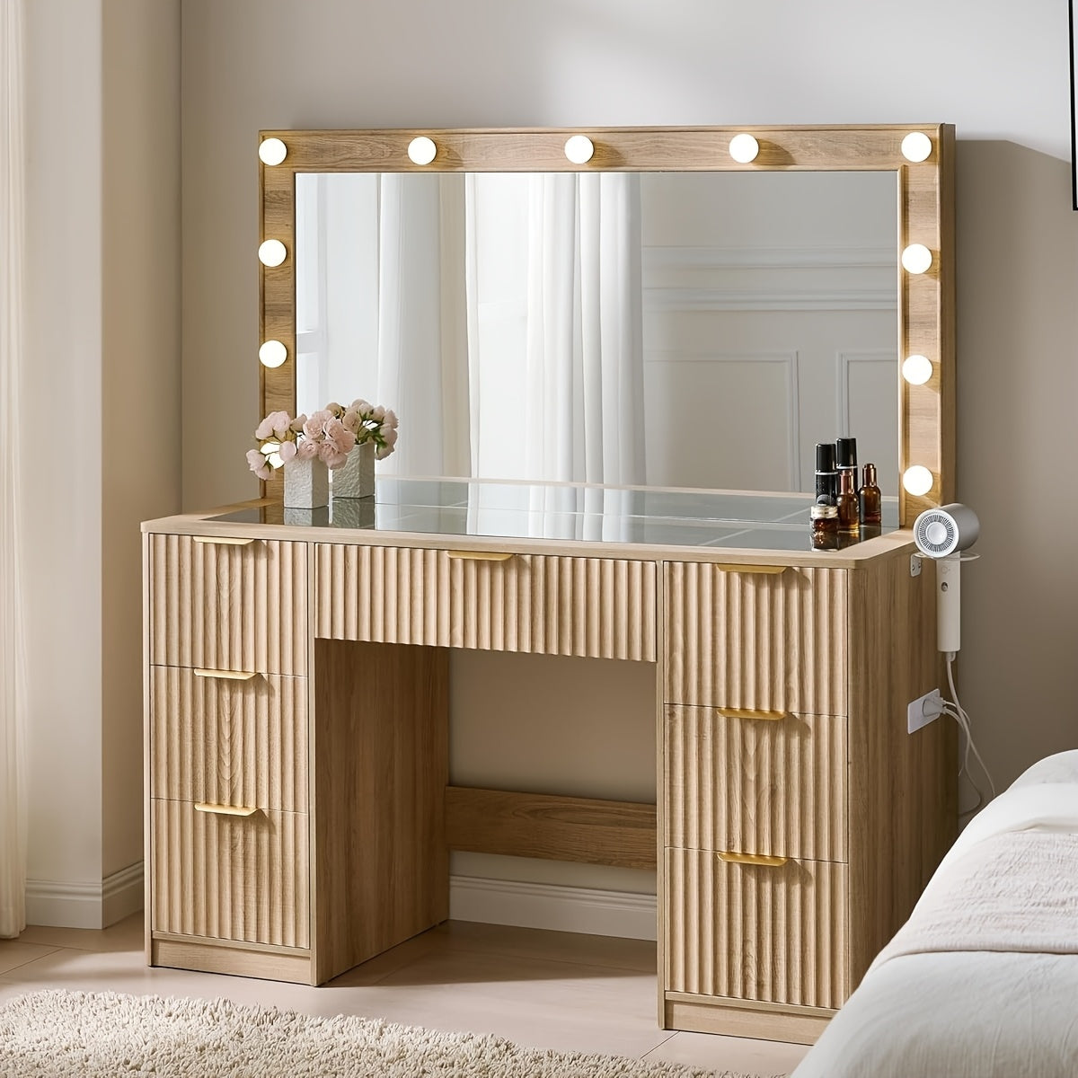 Fluted Vanity Desk With Large Mirror