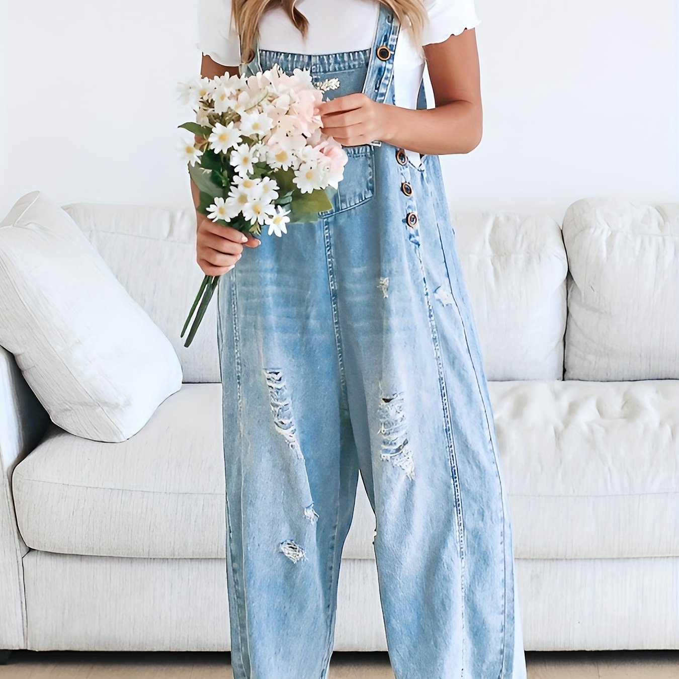 Distressed Denim Overalls