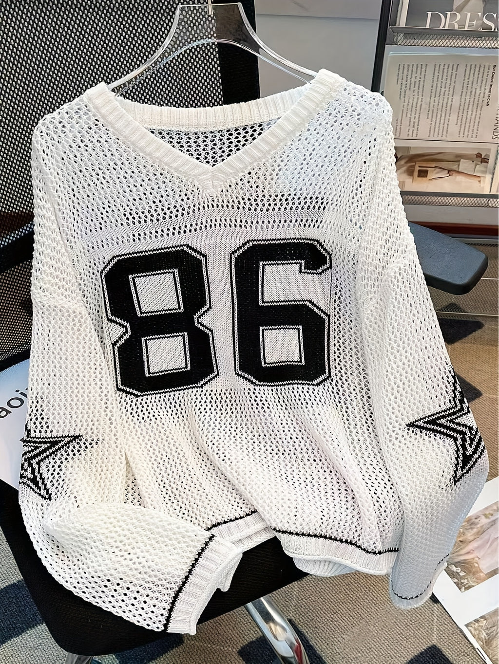 Women's Y2K Top - V-Neck Long Sleeve Mesh Blouse with 86 & Star Cut-Out Design, Breathable Black/White Contrast for Spring/Summer Casual Outfits, Cute Blouse, Versatile Clothing, Contrast Color Design