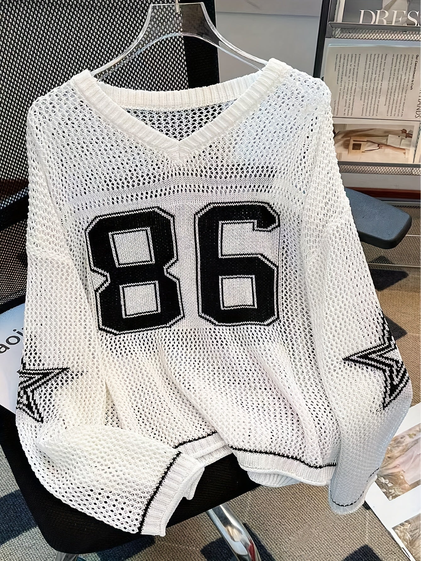 Women's Y2K Sweater - Semi-Sheer V-Neck Long Sleeve Pullover with Number Graphic, Non-Stretchy All-Season Top for Concerts, Parties, Everyday - White & Black Retro 2000s Outfit Essential, Sweater Tops for Women, Colourfull Lo