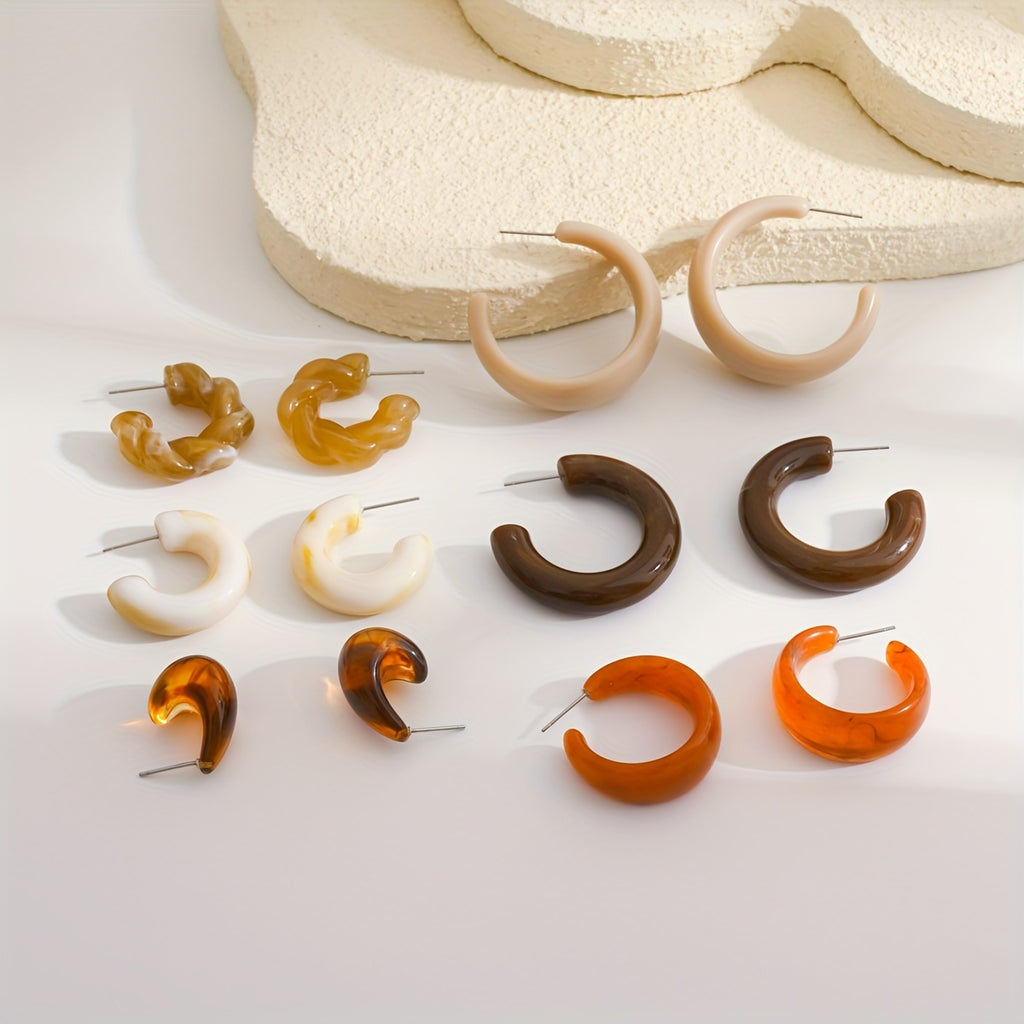 6 Pairs Elegant Geometric C-Shape Acrylic Earrings in Pastel and Earthy Tones