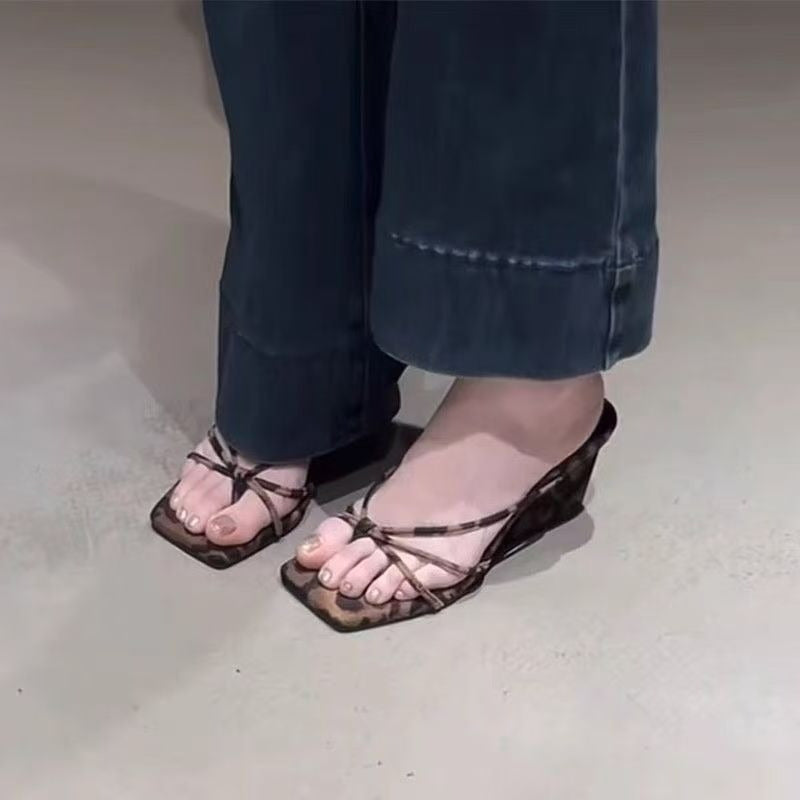 Leopard Print Wedge Heel Slippers