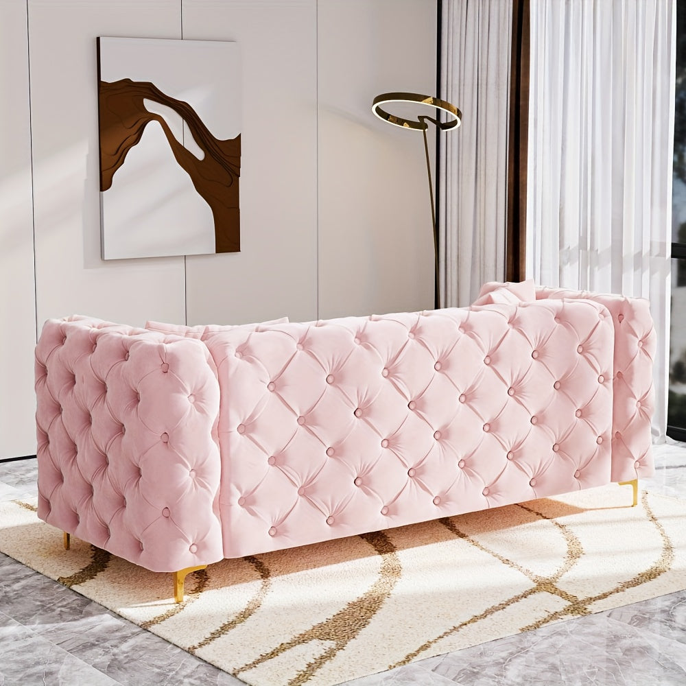 Mid-Century Modern Pink Velvet Tufted Button Sofa with Plush Cushions & Golden Metal Legs