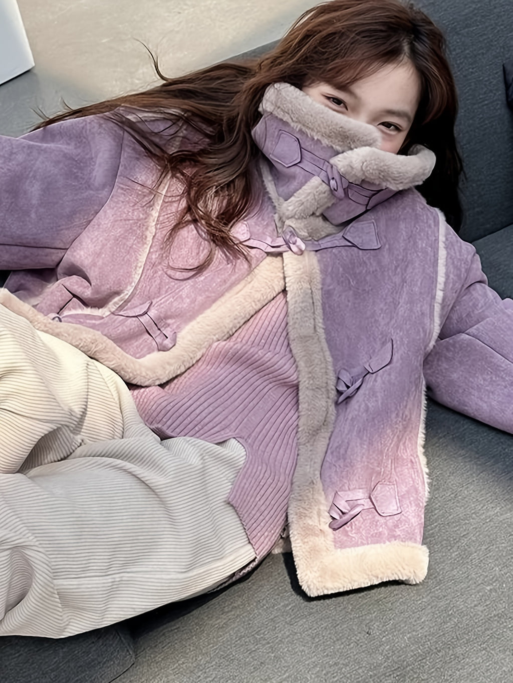 Plush-Lined Button-Front Cardigan-Style Coat with Stand Collar