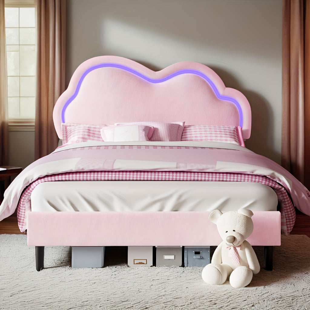 LUXOAK LED-Illuminated Twin Bed Frame with Velvet Cloud Headboard, Pink Platform Design - Easy DIY Assembly, Under-Bed Storage, Modern Hardwood Construction, Box Spring Optional