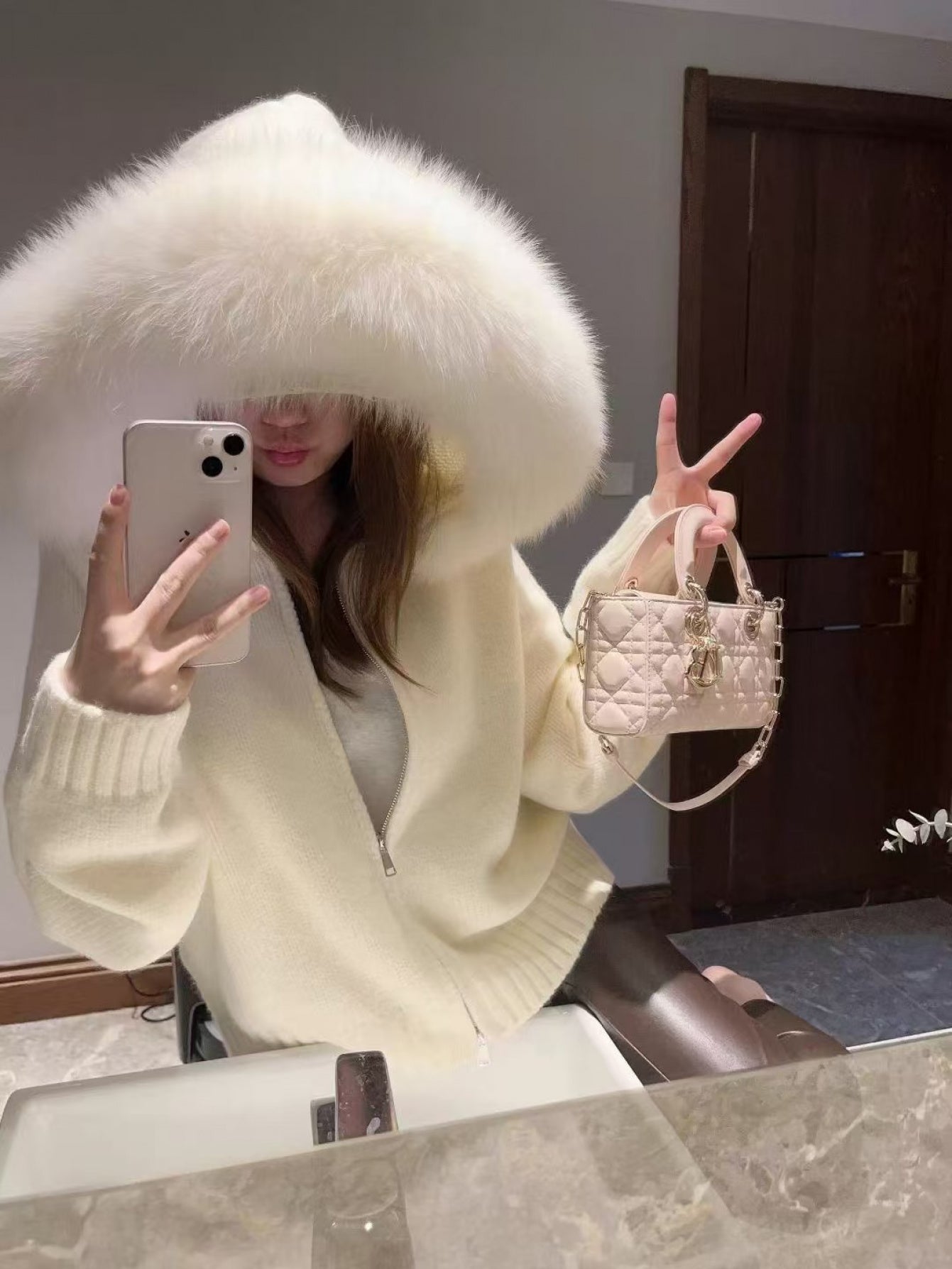 Women's Korean Retro Oversized Sweater Coat with Fur Collar & Hood - Long Sleeve Casual Winter Coat, Machine Washable Loose Fit Sweater Jacket for Women, Versatile Spring/Fall Outerwear (Black/White/Gray/Navy) - Solid Color D