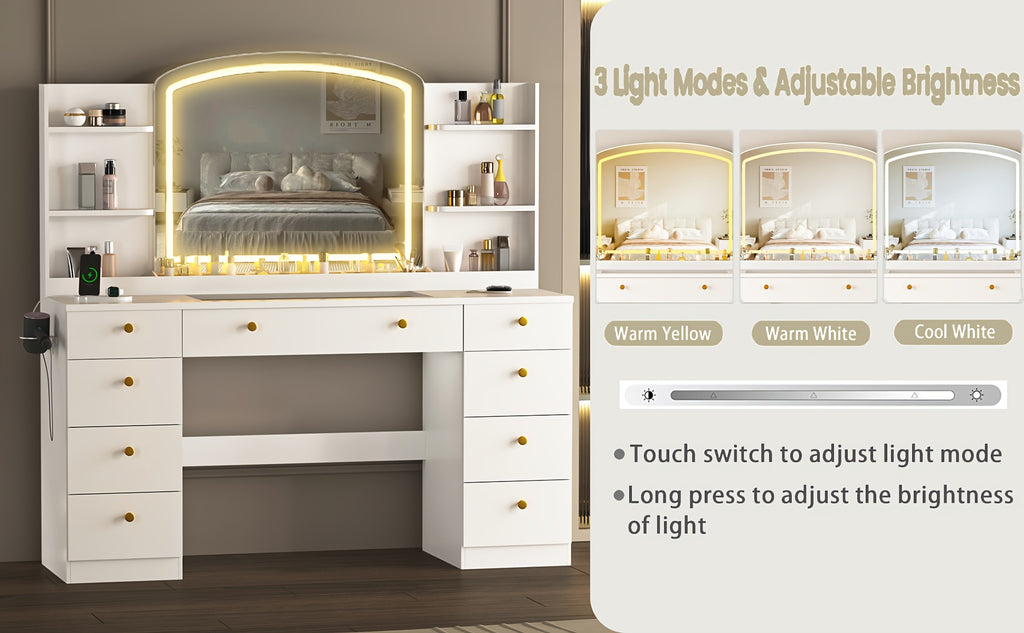 Modern White Makeup Vanity Desk with Large LED Mirror & Charging Station