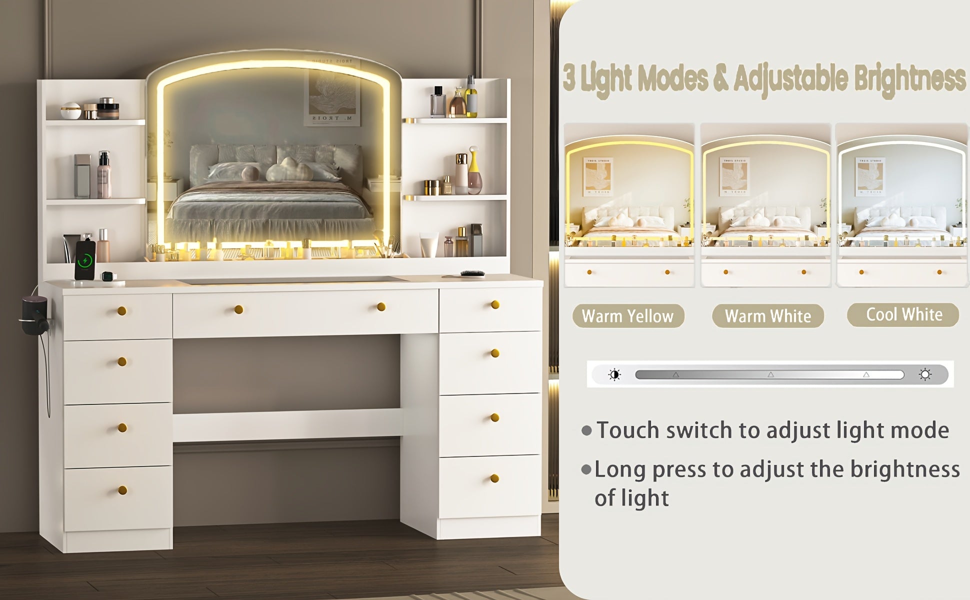 Modern White Makeup Vanity Desk with Large LED Mirror & Charging Station