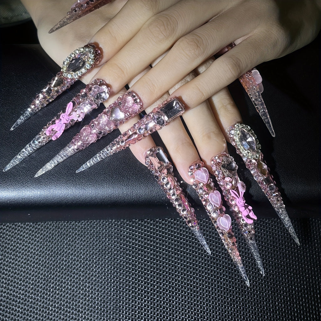 10pcs Handmade Magnetic Press-On Nails with Floating, Rhinestones & Heart/Clover/Bow/Pink Bow & Rabbit Cutouts