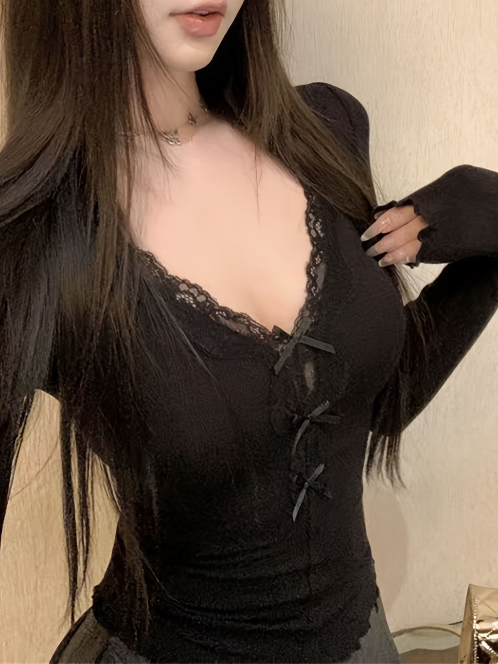 2024 New Arrival - Elegant V-Neck Long Sleeve Top with Bow Detail, Lace Trim & Ruffled Hem - Slim Fit, Sexy & Chic Women'S Fashion for Spring/Fall, Autumn Fashion Top | Elegant Vneck Top | Glossy Texture