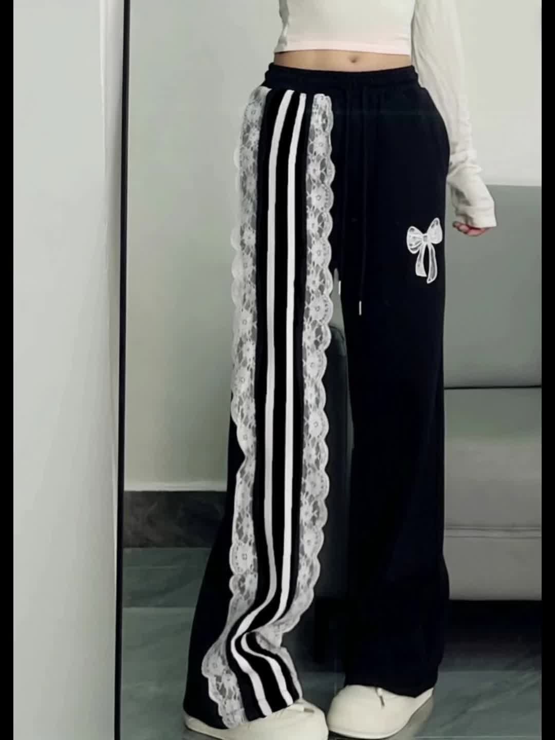 Wide-Leg Pants with Contrast Lace Trim & Pockets