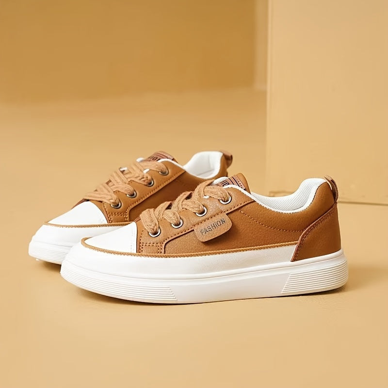 Women's Low-Top Lace-Up Sneakers - Beige/ White Faux Cover-like Synthetic Cover Arch Moccasin-Style Shoes with EVA Cushioned PVC Sole, Minimalist White Laces & Beige Traction Tread - All-Season Casual, Office, Gym, Walking Sh