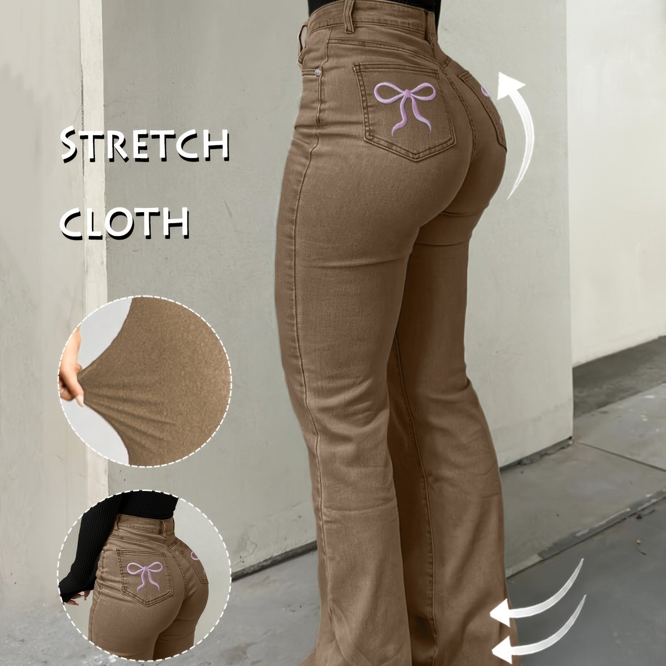 Women'S High-Waisted Stretch Denim Flare Jeans with Embroidered Bow Detail, Street Style Casual Pants, All-Season Comfort, Blue, High Waisted Jeans, Comfortable Fashion, Durable Fabric