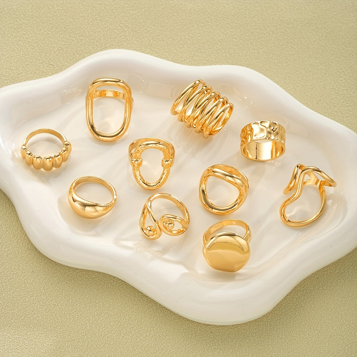 {10pcs} Geometric Pattern Hollow Wide Band Rings