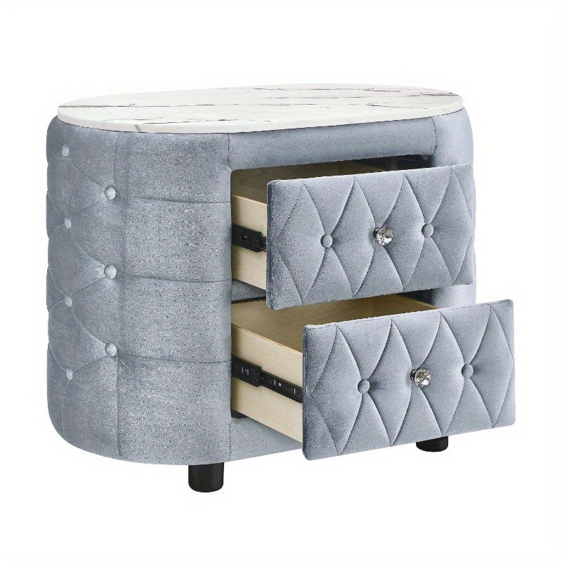 Modern Gray Nightstand with Marble Top & 2 Storage Drawers