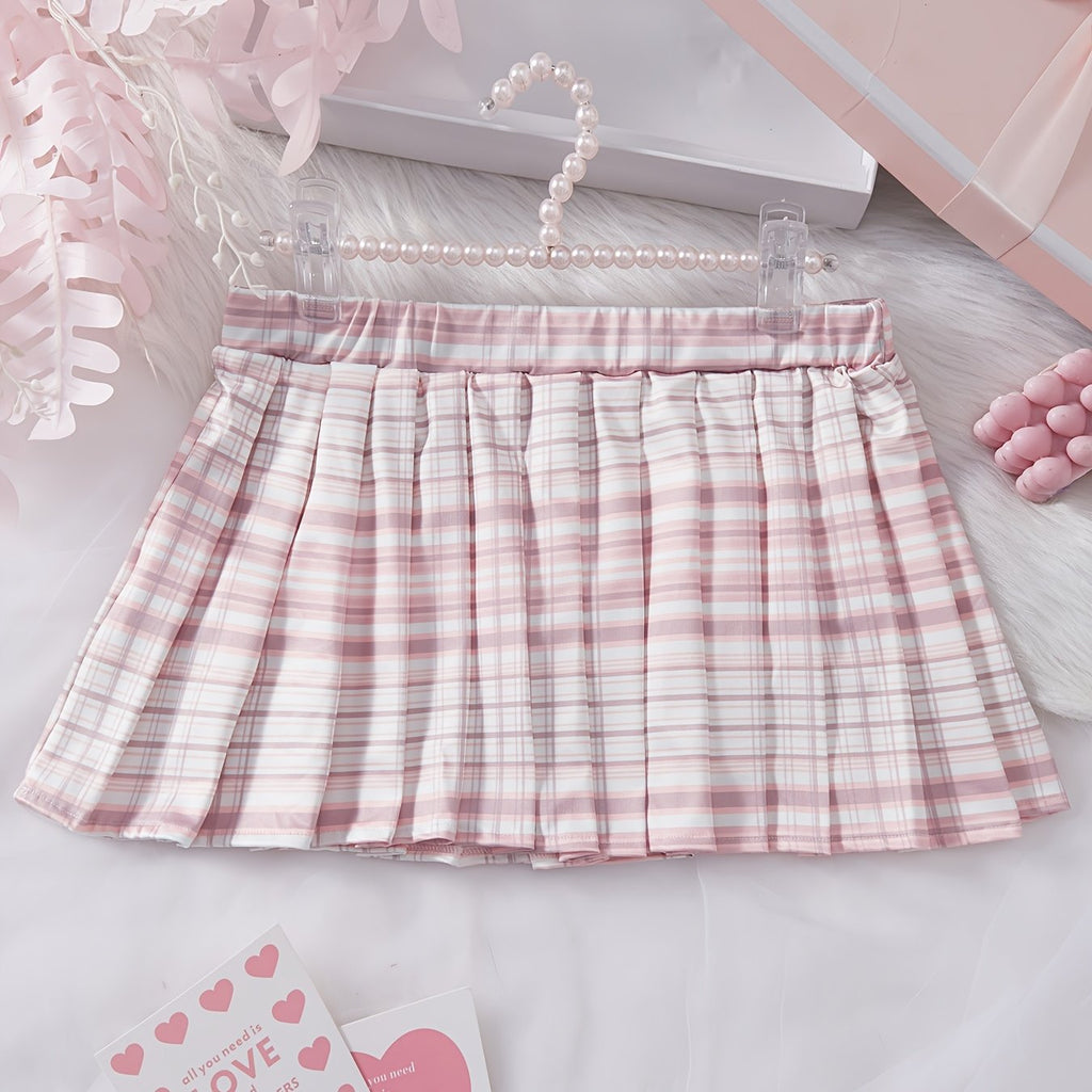 Pink & White Plaid Print Flared Skirt