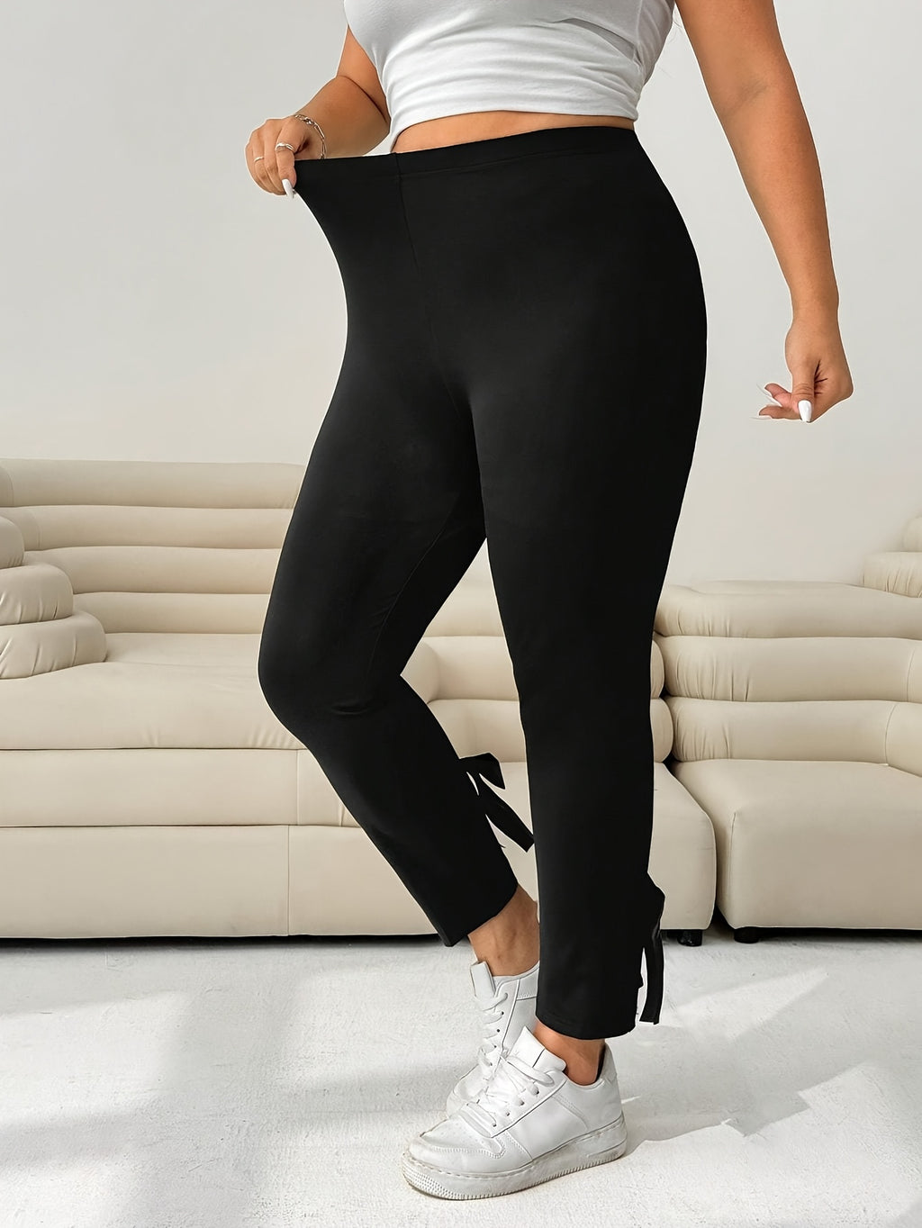 Black Leggings with Back Slit & Bow Detail