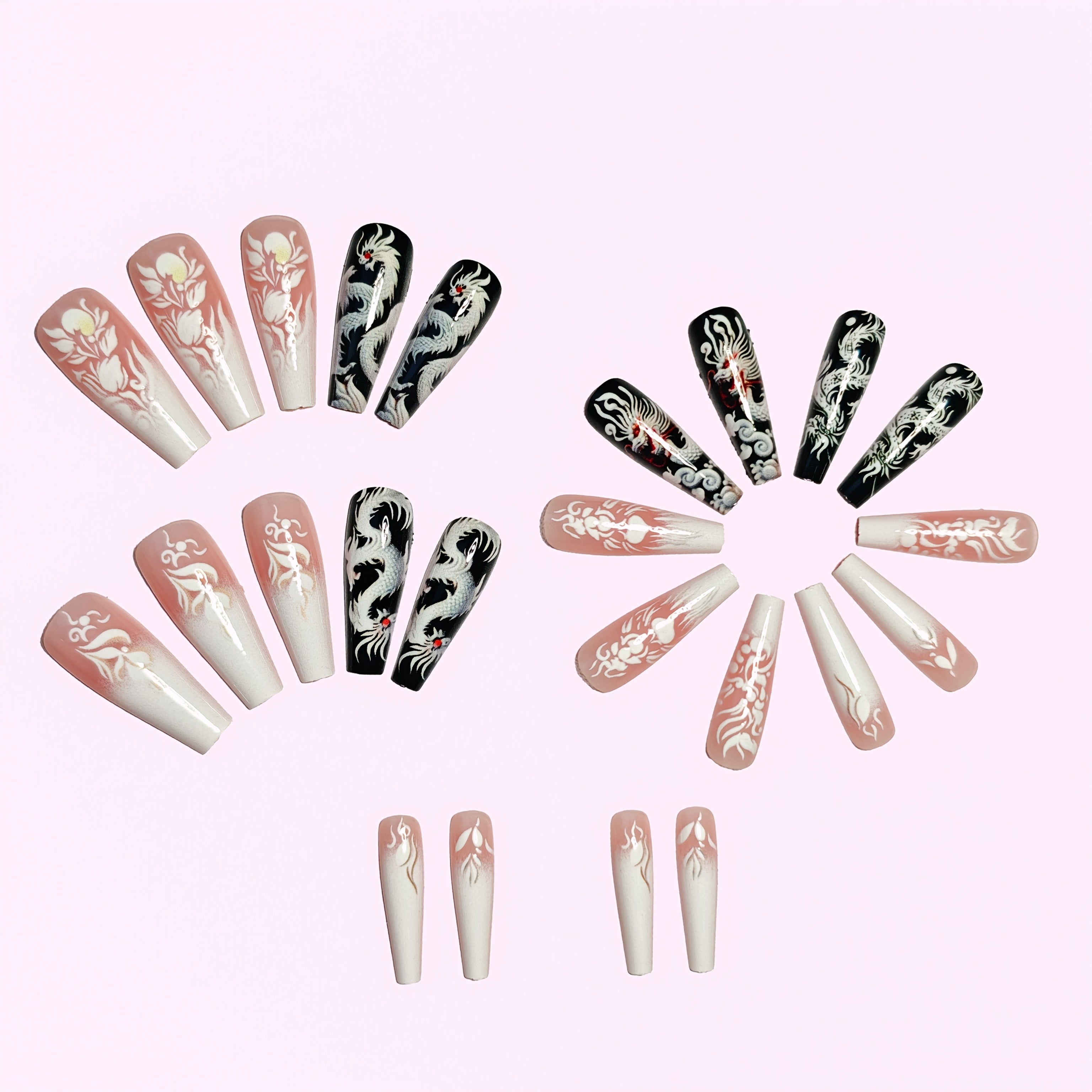 {24pcs} Long Glossy White & Black Ballet-Style Nail Art Set