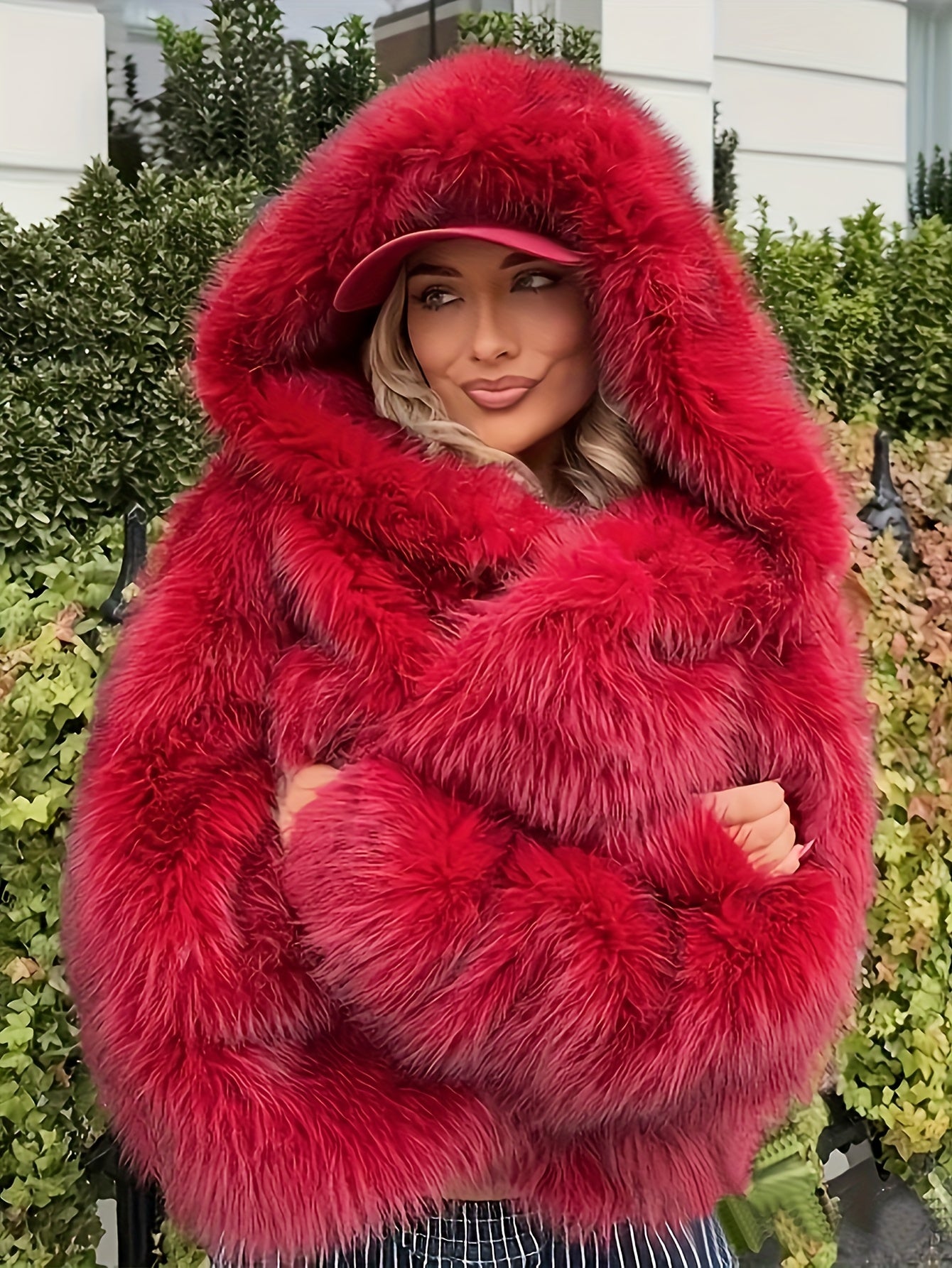 Women'S Elegant Red Faux Fur Hooded Coat - Long Sleeve, Button-Up Front, Fluffy Lined, Perfect for Fall/Winter, Casual Style, Winter Outerwear | Fluffy Lined Coat | Buttonup Coat, Winter Clothes For Women, Coat For Women, Sty