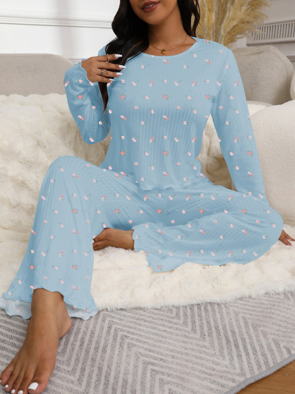 Floral Print Textured Fabric Long Sleeve Pantsuit for Autumn and Winter