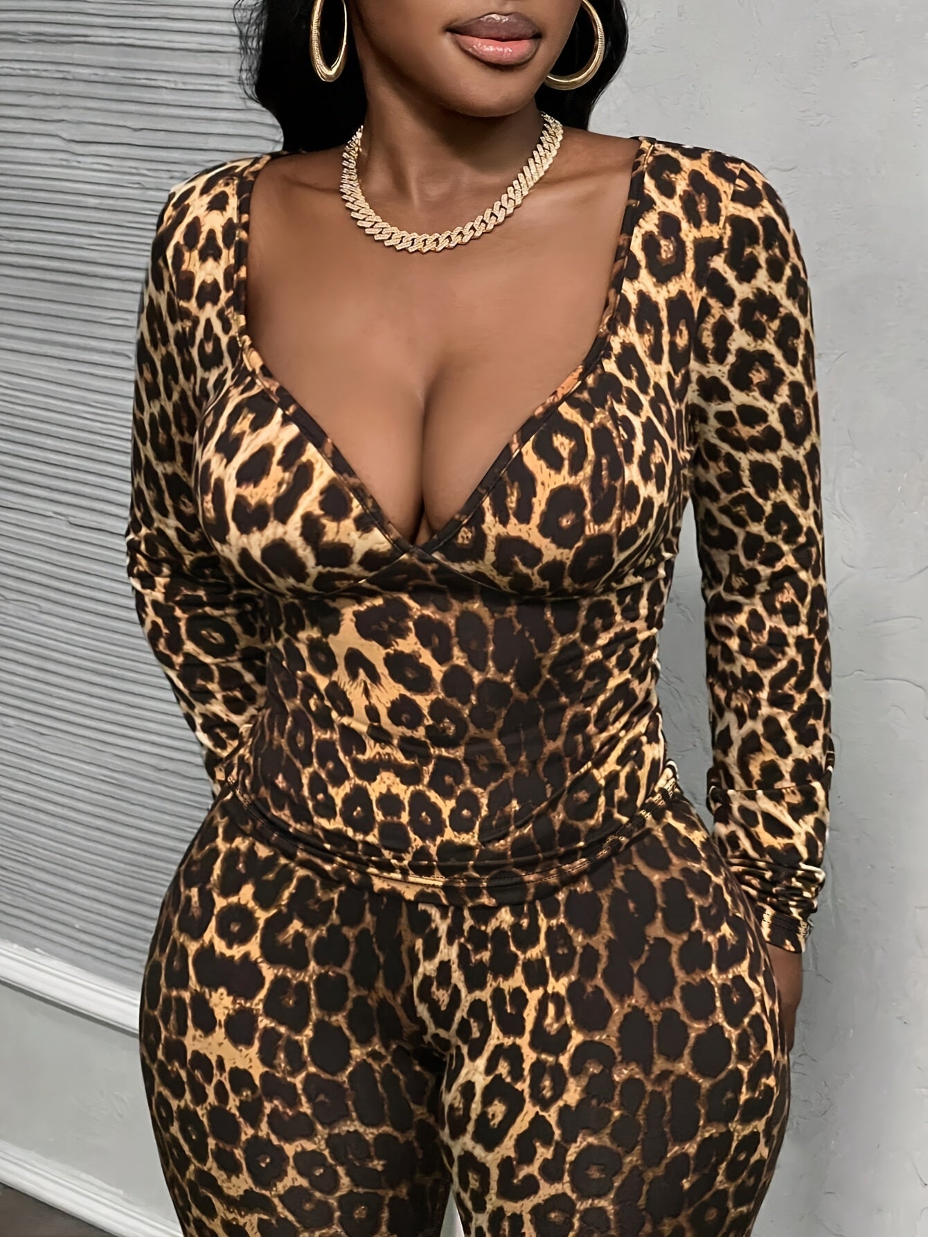Long Sleeve Deep V-Neck Top And Leopard Print Pants Set