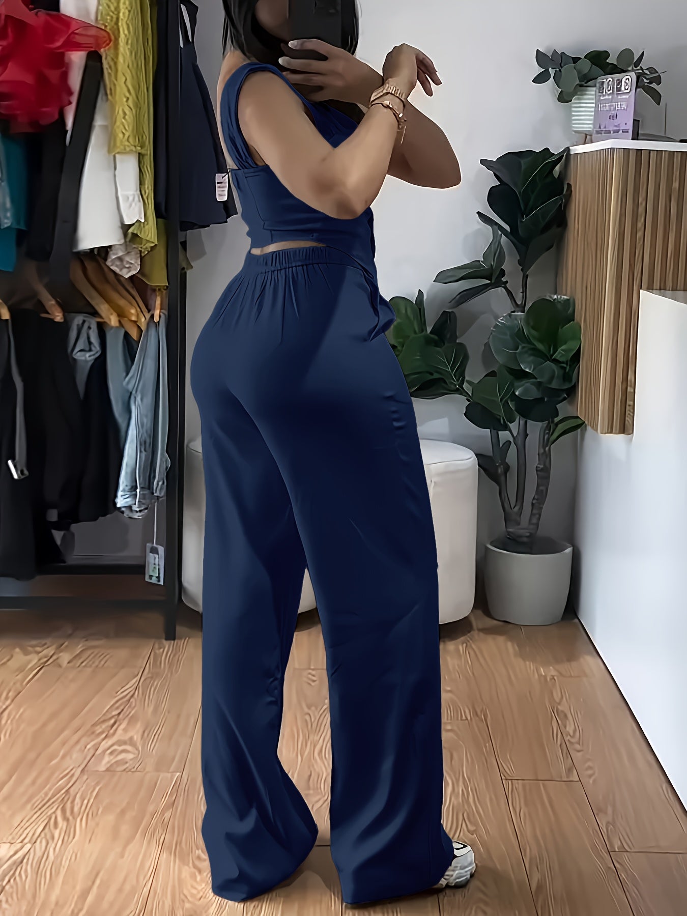 Women'S Yellow Sleeveless Corset Top & Wide-Leg Pants Set - Casual V-Neck with Button Detail, High-Waisted Flared Pants, White Sneakers, and Accessories for a Stylish Outfit, Allseason Attire | Vneck Top | Button Detail Top