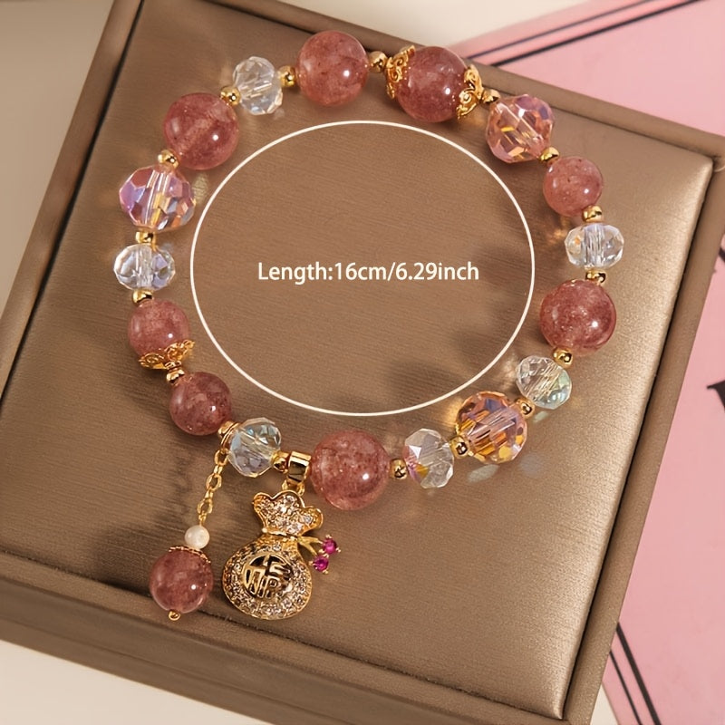 Pink Beaded Bracelet with Cute Golden Beads