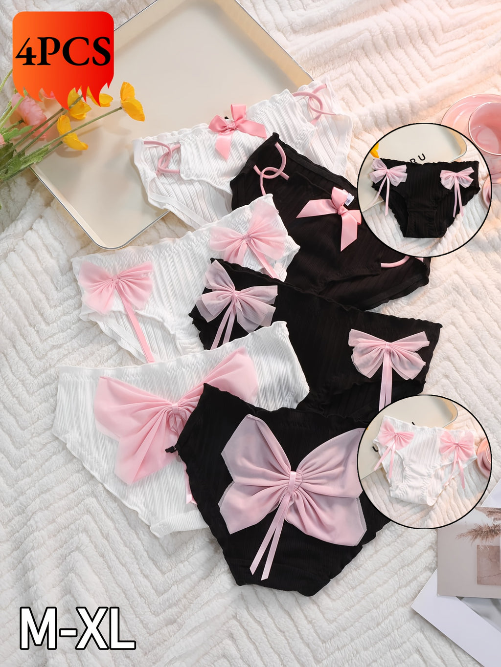 4 Black Pink Comfortable Underwear with Mid Waist Thread Bow