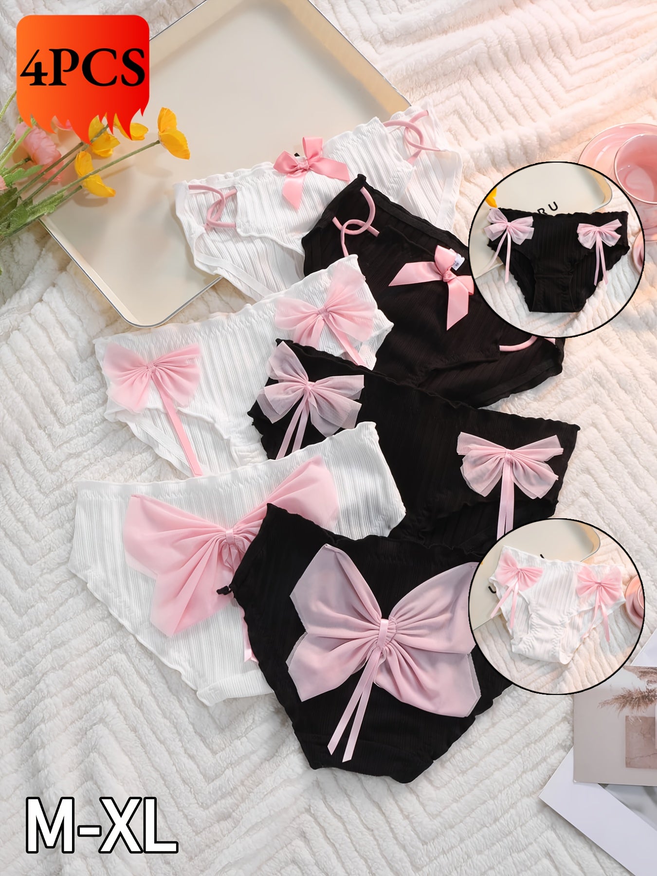 4 Black Pink Comfortable Underwear with Mid Waist Thread Bow